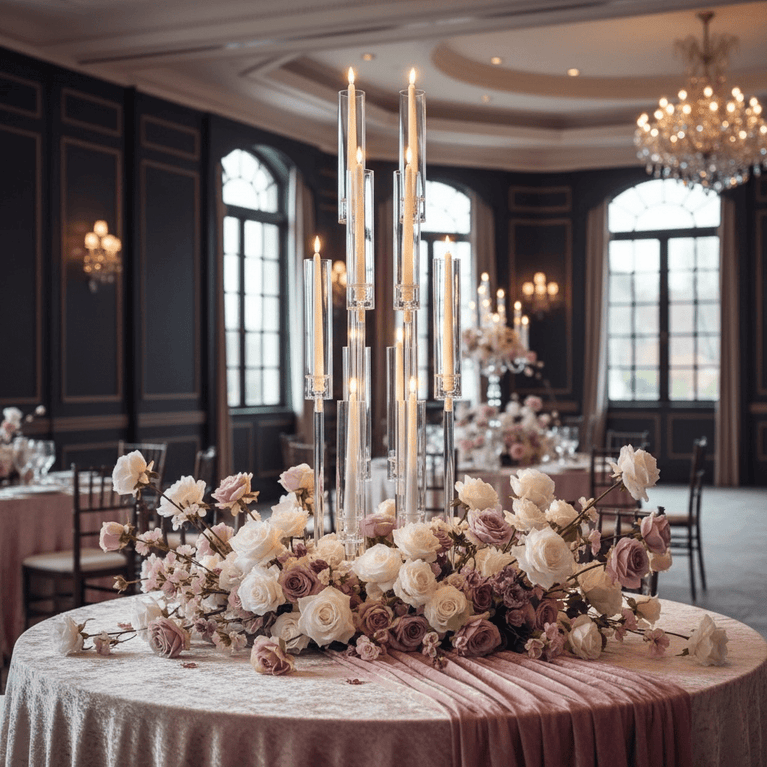 Decorative floral arrangement on a table with tall candlesticks in an elegant room.
