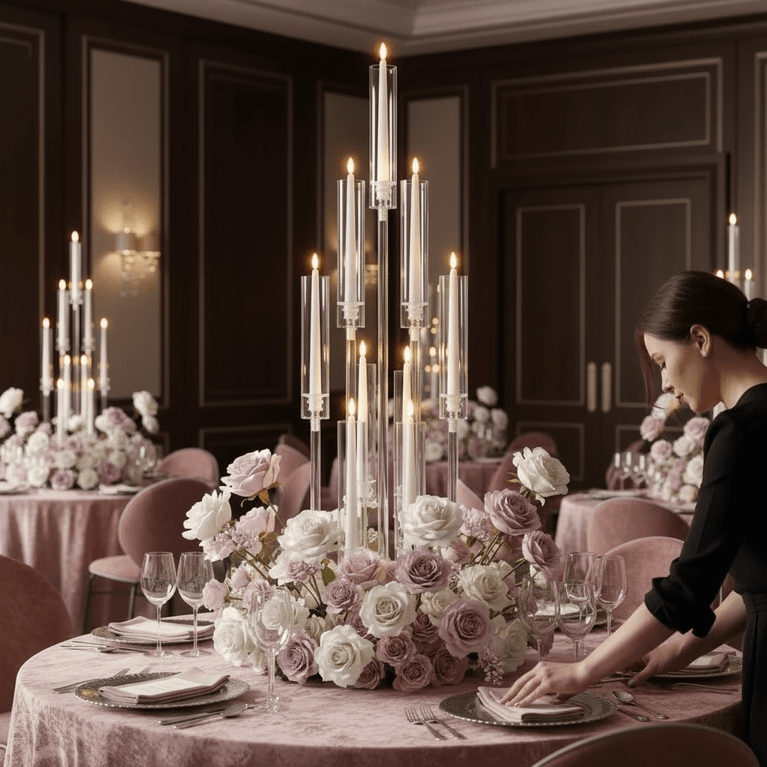 Woman setting a table with floral arrangements and clear candle holders in an elegant dining room.