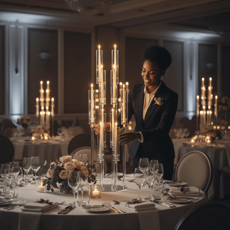 Waitress setting a table with acrylic candle holders and fine china in a dimly lit restaurant.