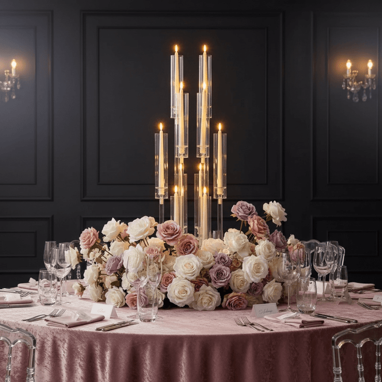 Decorative table setting with flowers and a tall acrylic candle holder in a darkly paneled room.