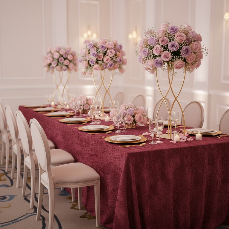 Elegant dining table set with floral wedding centerpieces in a ballroom