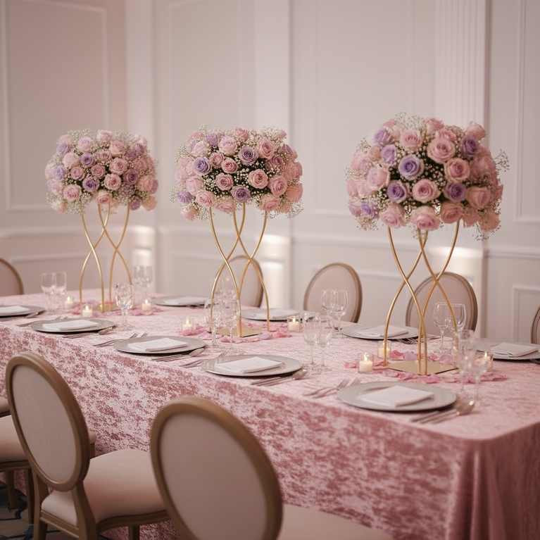 Dining table set with gold floral centerpieces and white plates.