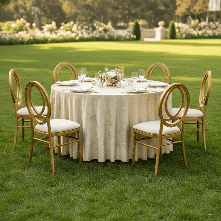 Round table with a champagne velvet tablecloth set for a meal with gold chairs on a grassy outdoor setting