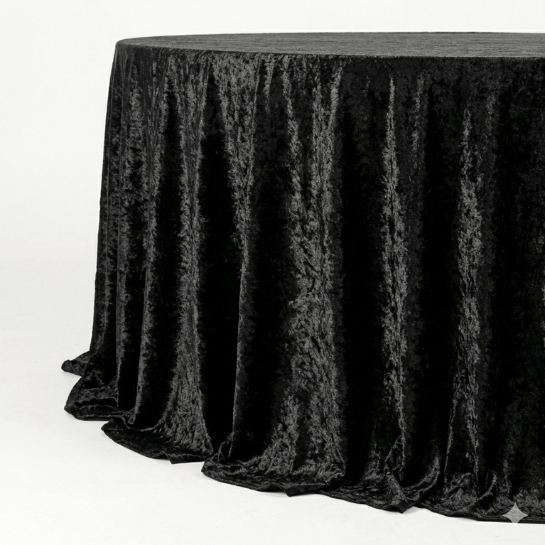 Black textured velvet tablecloth on a round table against a white background