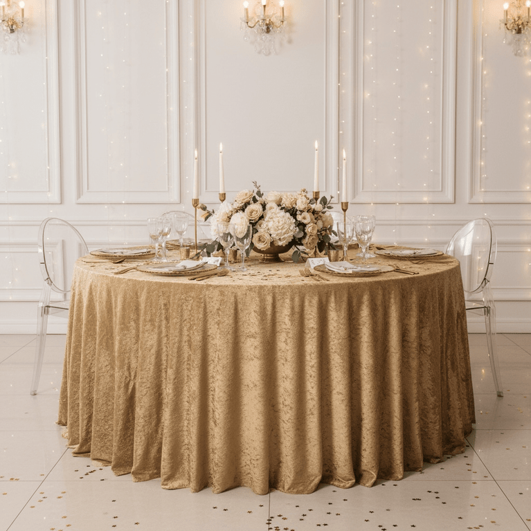 Elegant table setting with a mocha brown velvet tablecloth, floral centerpiece, and clear chairs in a decorated room.