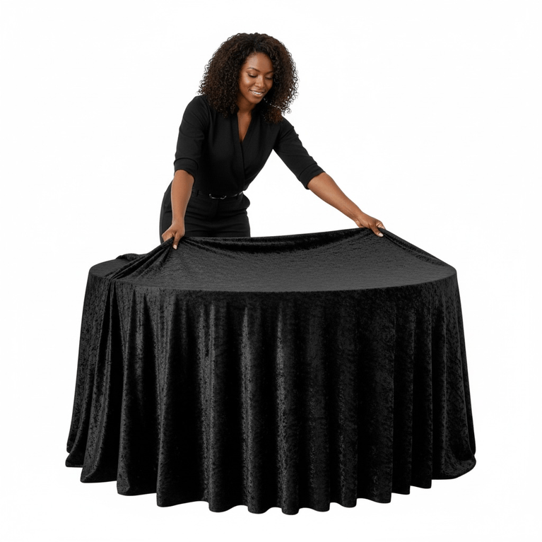Woman arranging a black velvet tablecloth on a round table against a white background