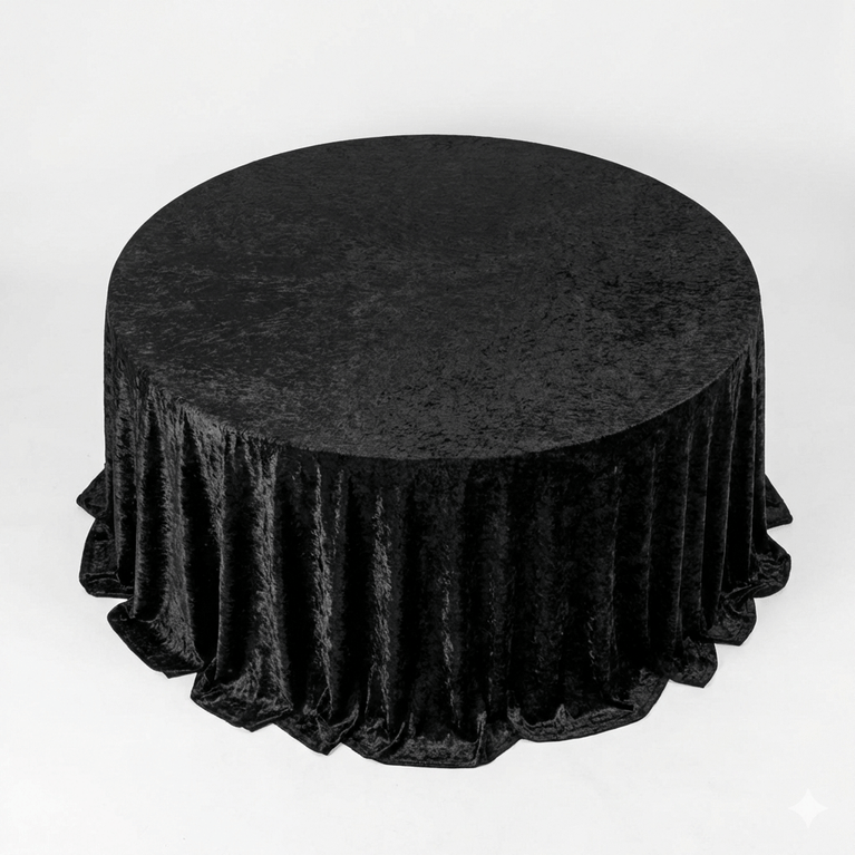 Round table covered with a black velvet tablecloth on a white background