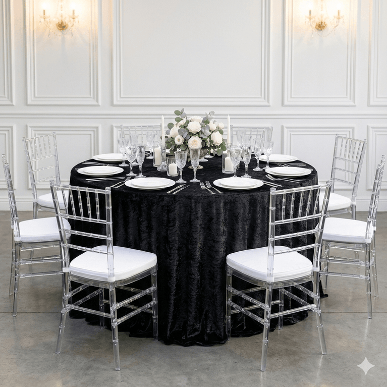 Round table set for a wedding ceremony with black velvet tablecloth, white plates, and silverware, surrounded by clear chairs with white cushions.