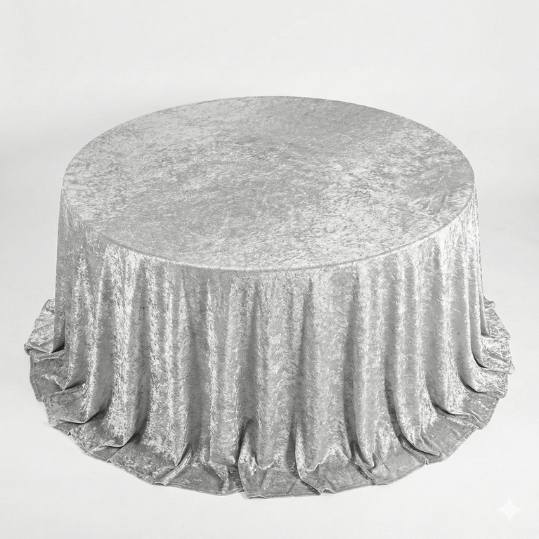 Round table covered with a silver velvet tablecloth on a light gray background