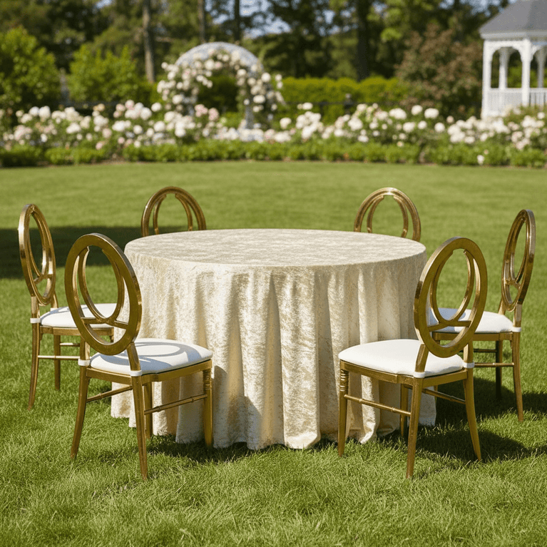 Round table draped with champagne velvet tablecloth, with gold chairs on a grassy lawn with floral decorations in the background