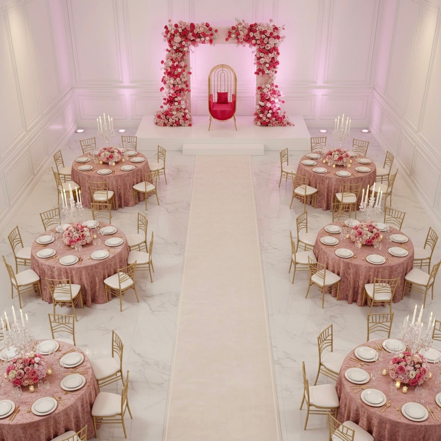 Decorated event space with tables, chairs, and floral arrangements in a large room.