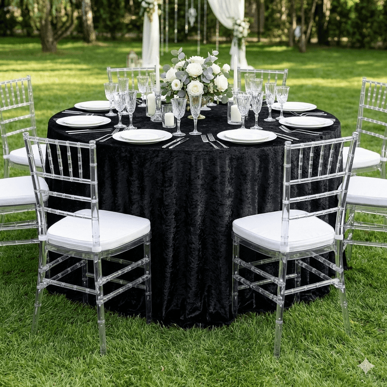 Round table set for a backyard party with black velvet tablecloth, white plates, and silverware, surrounded by clear chairs with white cushions on grass.