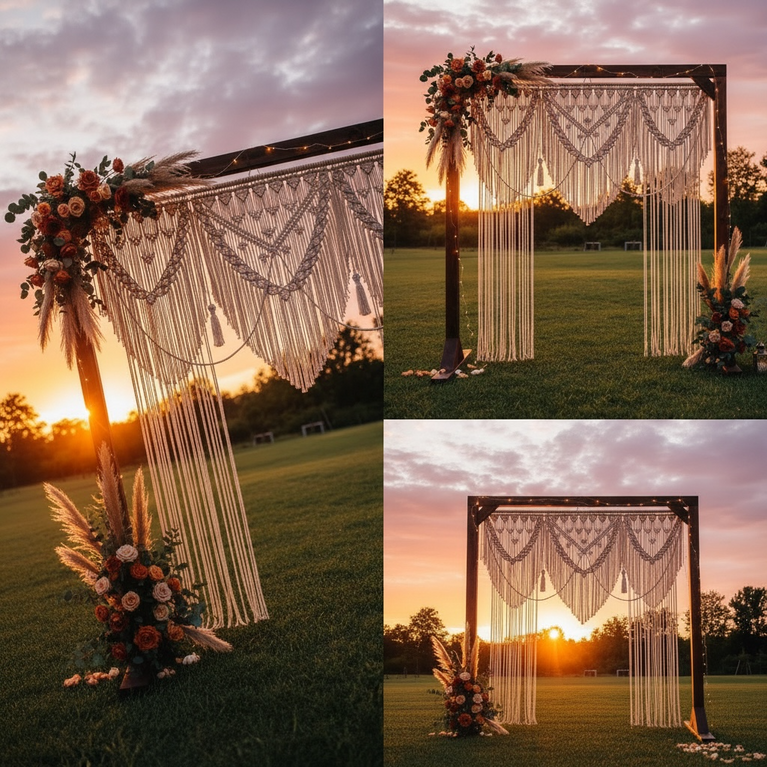 collage of decorative wooden arches with large macrame boho curtain, floral arrangements and string lights against a sunset sky.
