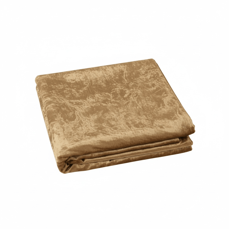 Folded mocha brown velvet tablecloth on a white background