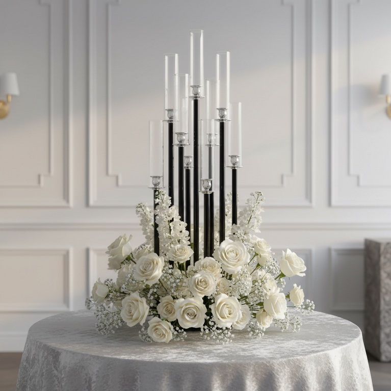 Decorative floral arrangement with a black candelabra on a table in a room with white walls.