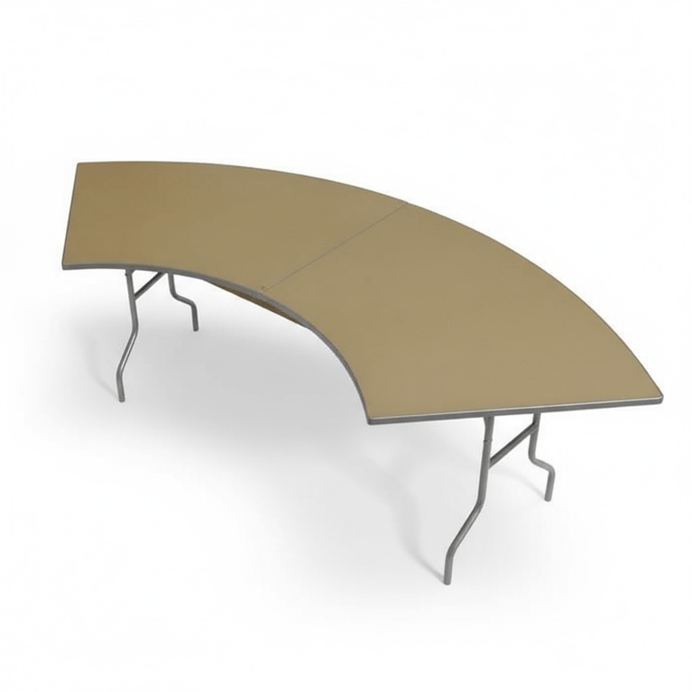 Curved beige table with metal legs on a white background