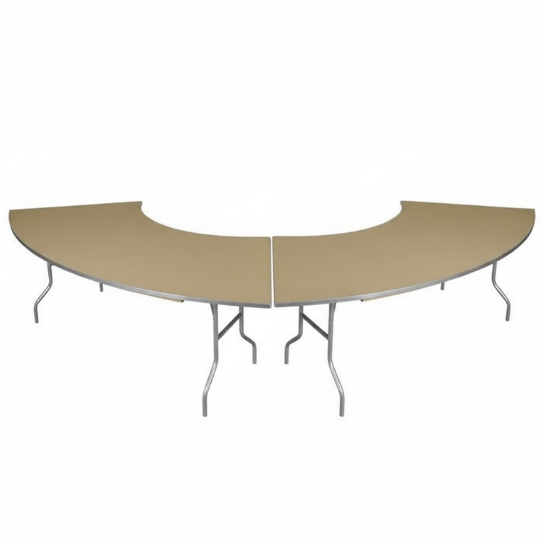 Half-circle table with beige top and metal legs on a white background