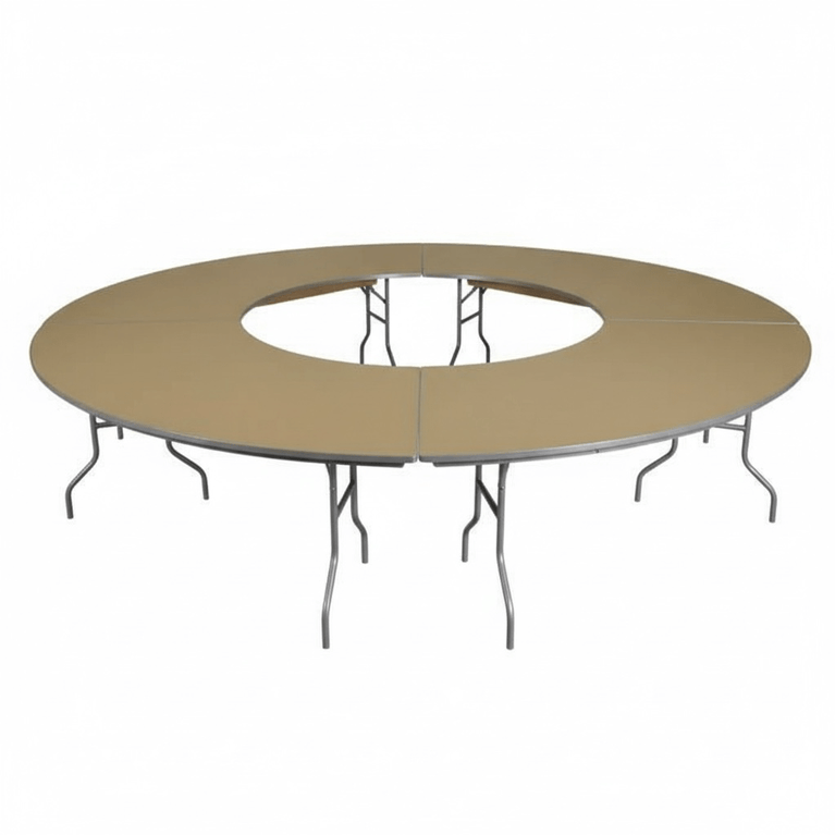 Round beige table with metal legs on a white background