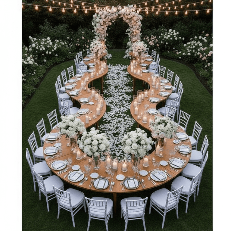 Decorative outdoor table setting with floral arch and string lights