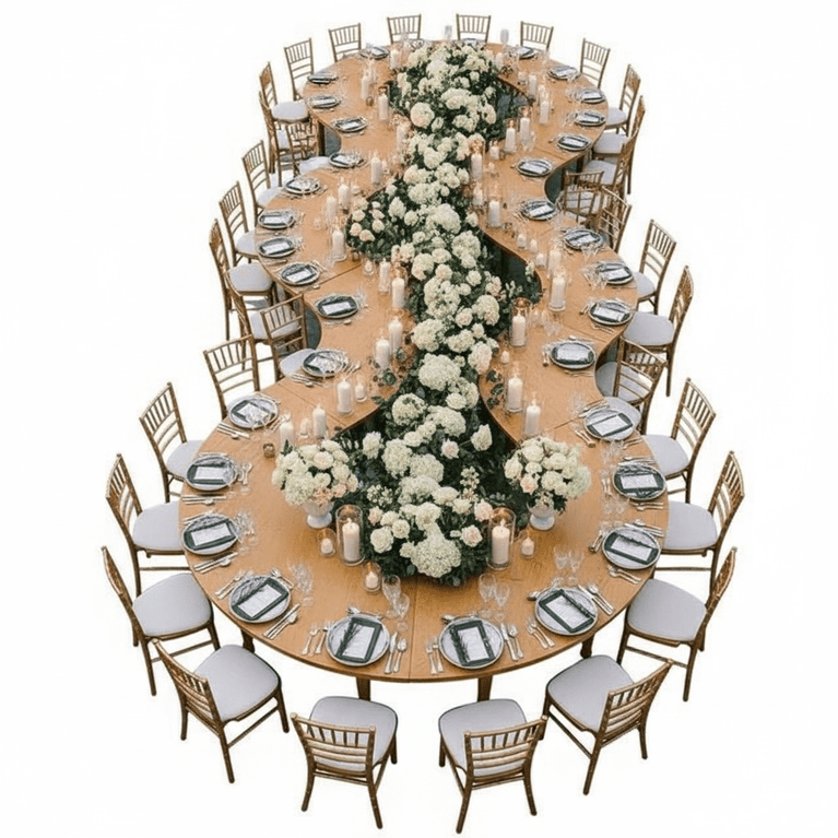 Elegant round dining table set for a formal event with floral centerpieces, white chairs, and place settings.