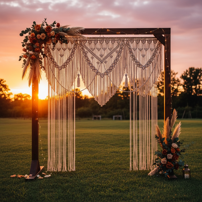 Decorative wooden arch with large macrame boho curtain, hanging lights and floral arrangements against a sunset sky.