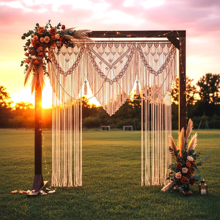 Decorative wooden arch with large macrame boho curtain, string lights and floral arrangements in an outdoor setting during sunset.