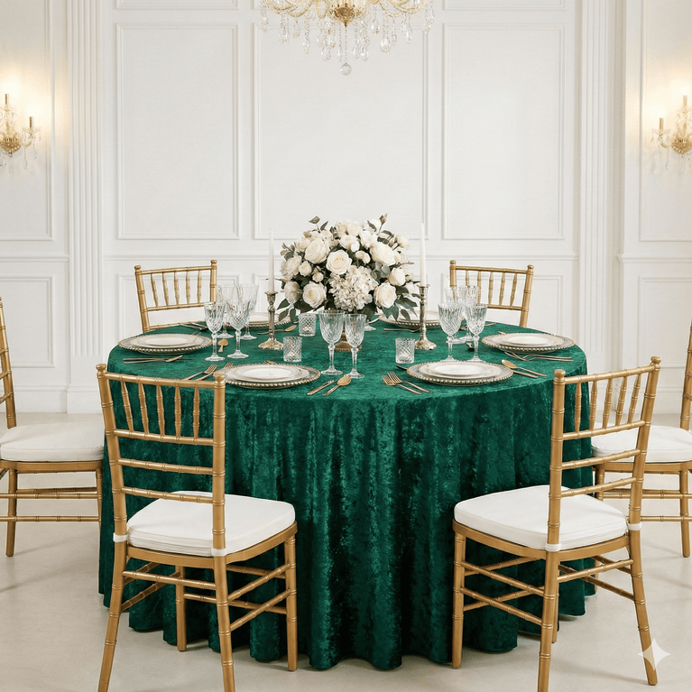 Round table set with an emerald green tablecloth, white flowers, and gold chairs in a elegant room.