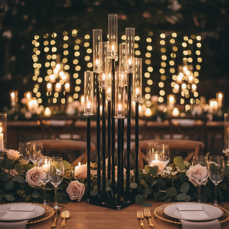 Decorative table setting with a black candle holder and flowers at night.