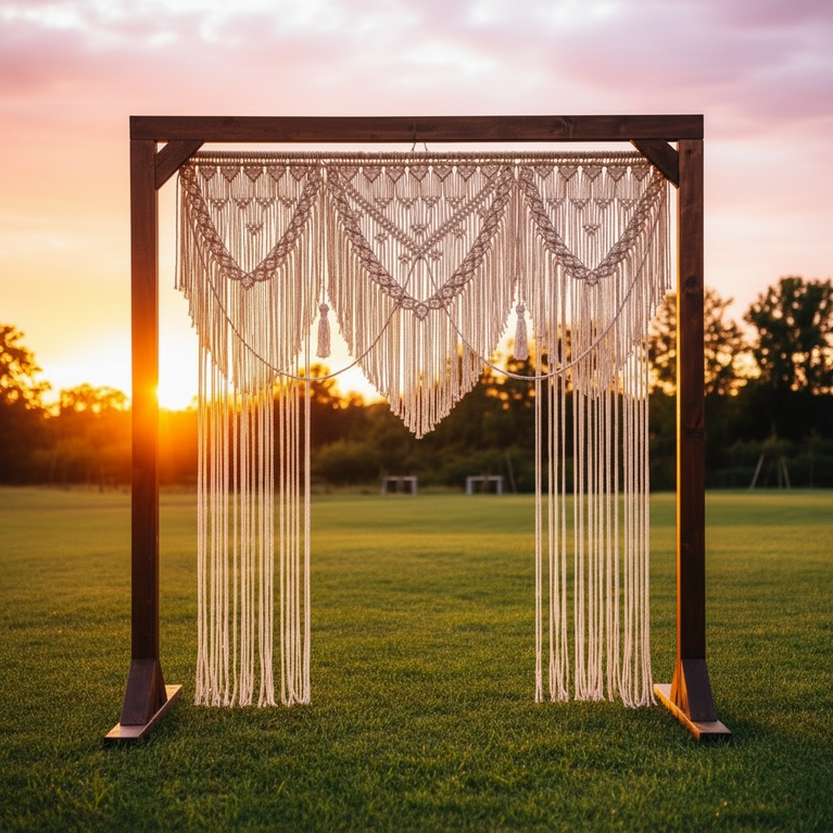 Decorative arch with hanging large macrame boho curtain in a field at sunset