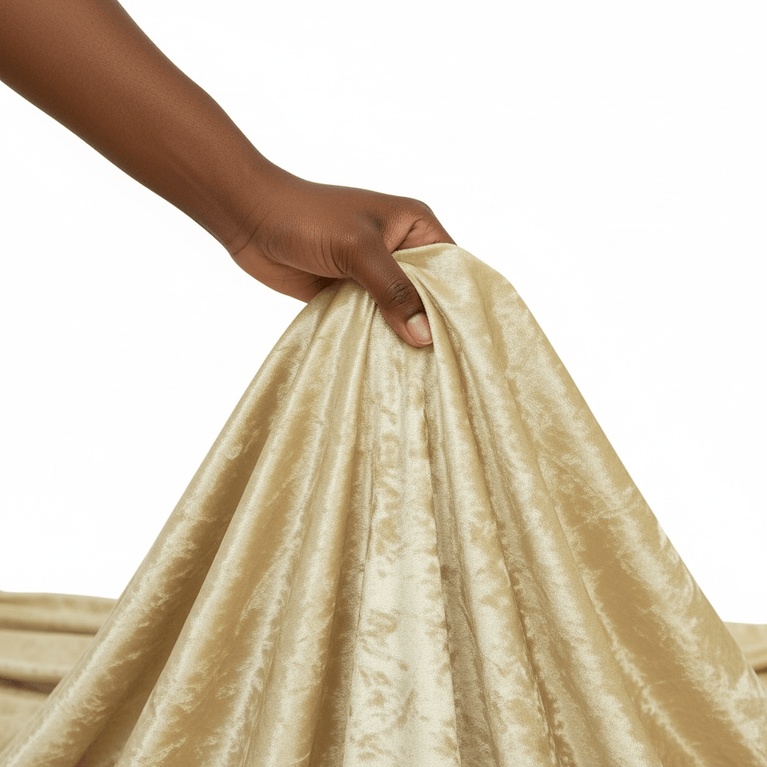 Hand holding champagne velvet fabric against a white background
