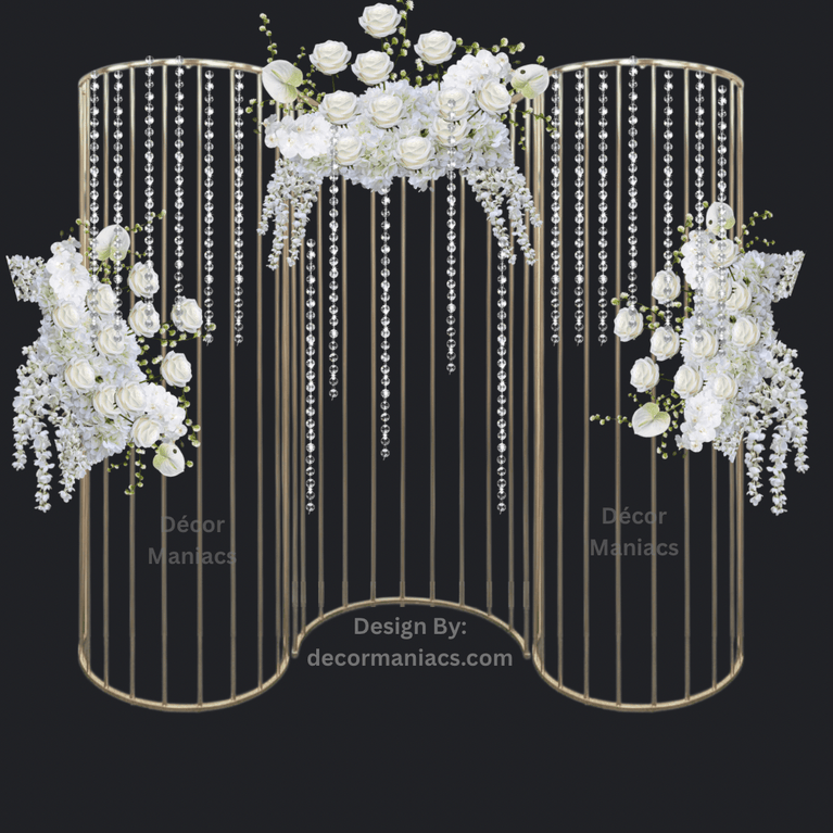 Decorative gold curved screen with floral arrangements and hanging beads on a black background.