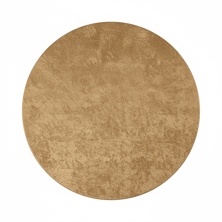 Top view of a mocha brown velvet tablecloth draping a round table on a white background