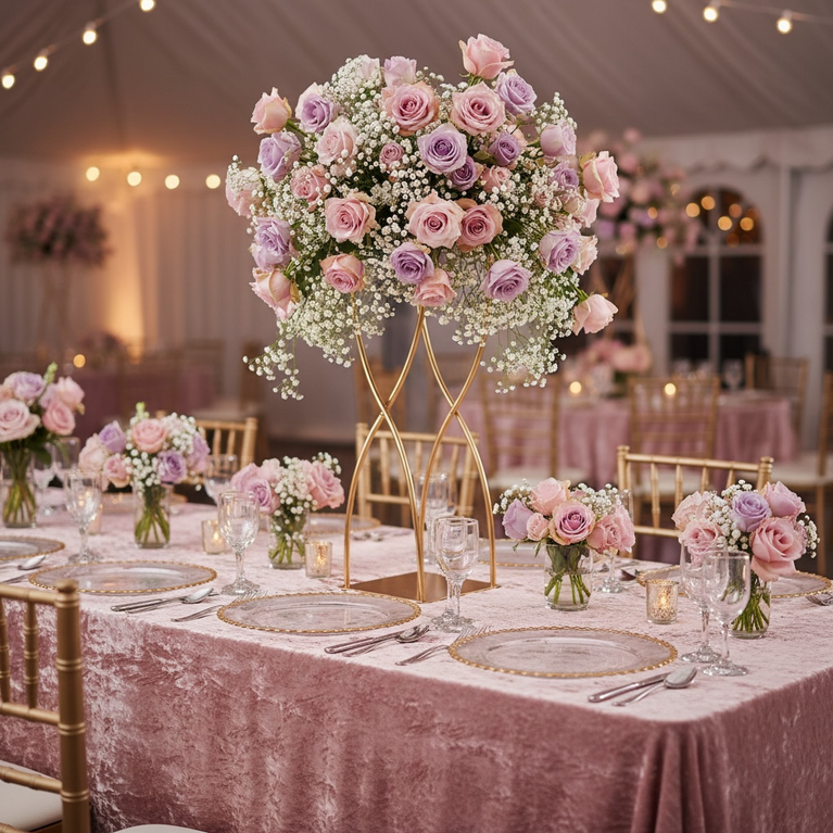 Decorative floral gold centerpiece on a table with pink tablecloth and chairs in a banquet hall.