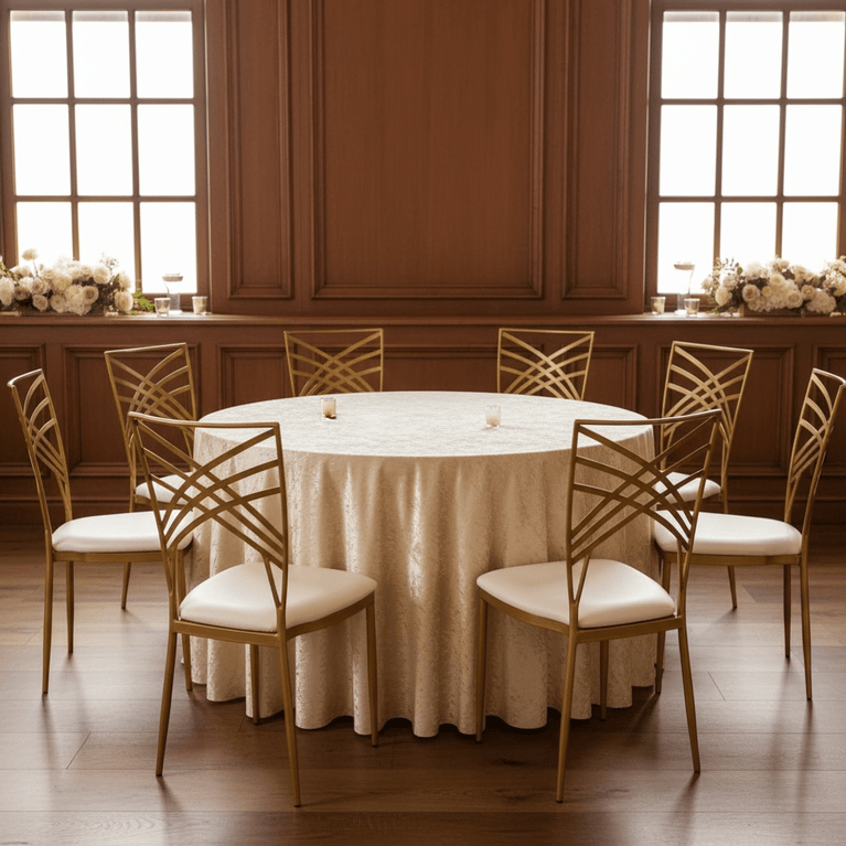 Round table with champagne velvet tablecloth and ciavari chairs in a room with wooden paneling and large windows.
