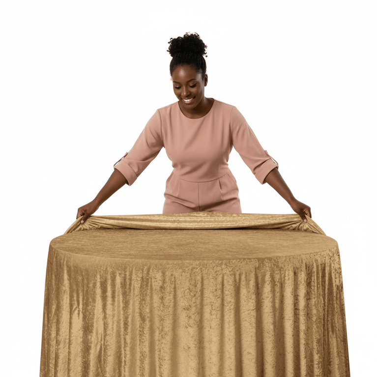 Woman in a pink outfit setting up a mocha brown velvet tablecloth on a white background