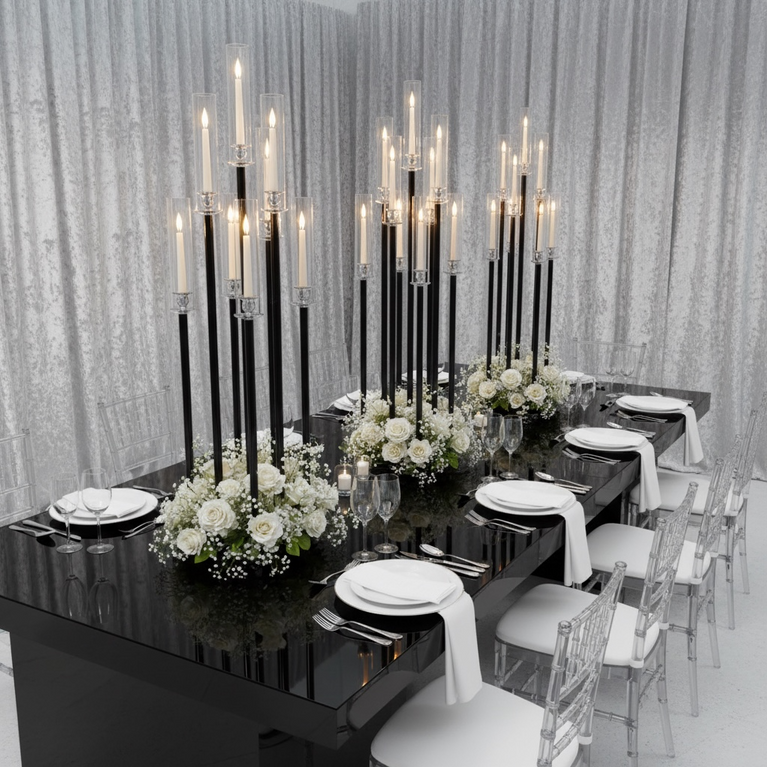 Elegant dining table setting with black candlestick holders and white flowers against a silver curtain backdrop.