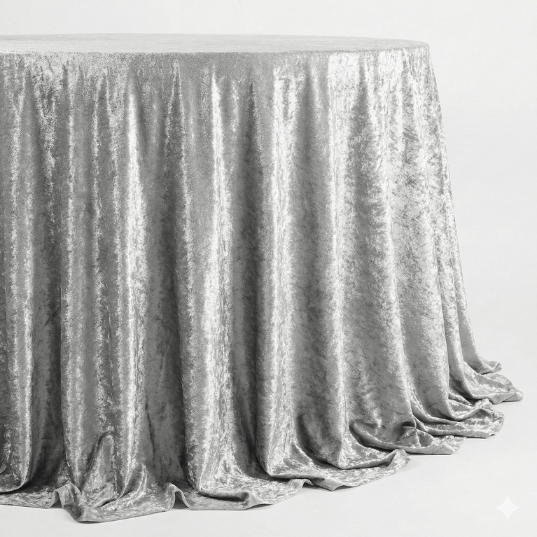 Silver velvet tablecloth draped over a table on a white background