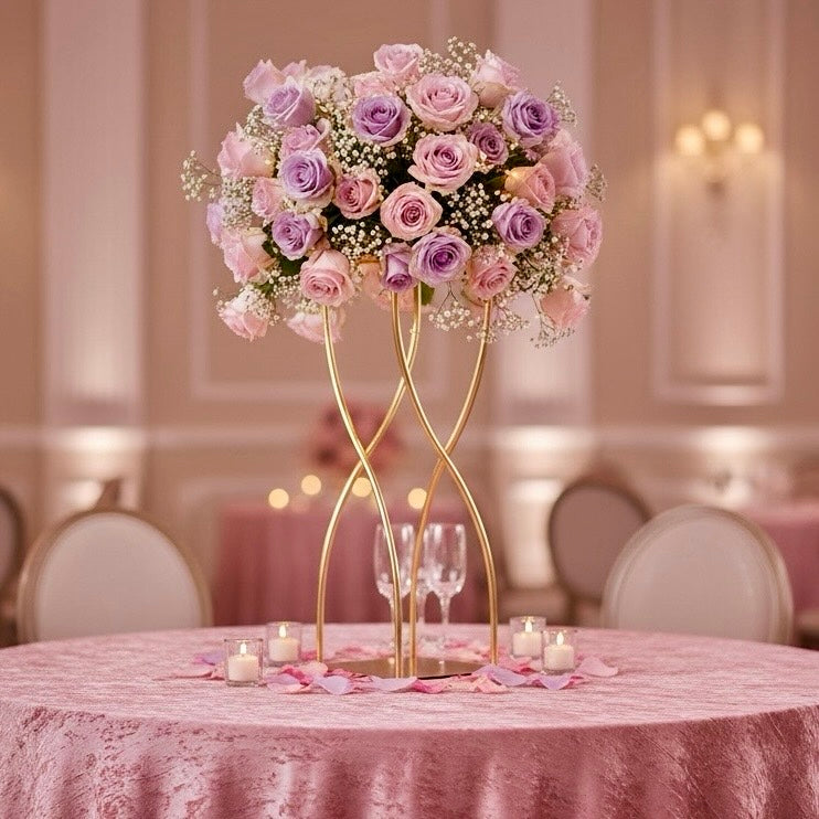Decorative floral arrangement in a spiral gold wedding centerpiece on a table with pink tablecloth and candles.
