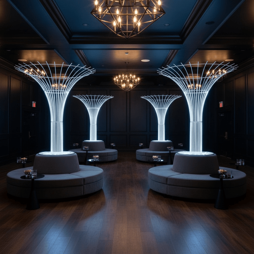 Modern lounge with illuminated tree-like structures and gray seating