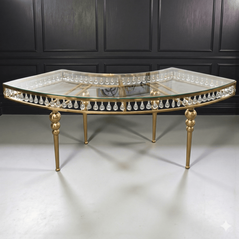 Decorative table with crystal embellishments on a panelled background