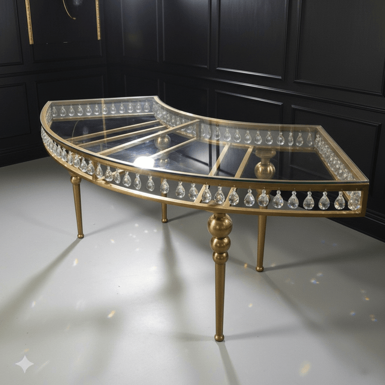 Gold and crystal half-moon table against a black paneled wall.