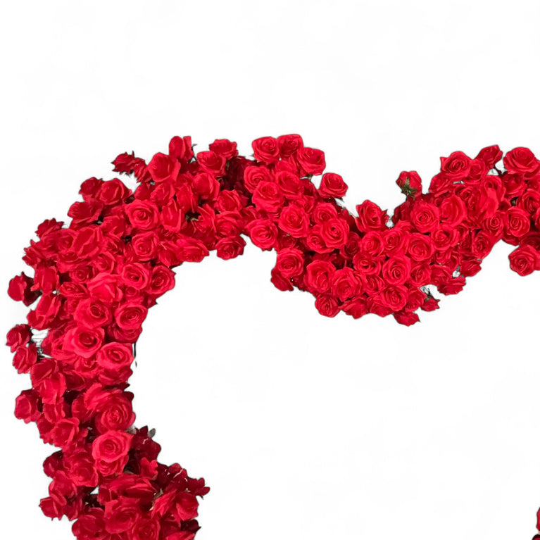 Heart Wedding Backdrop for Rent with Red Floral Arrangement