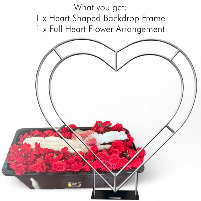 Heart Wedding Backdrop for Rent with Red Floral Arrangement