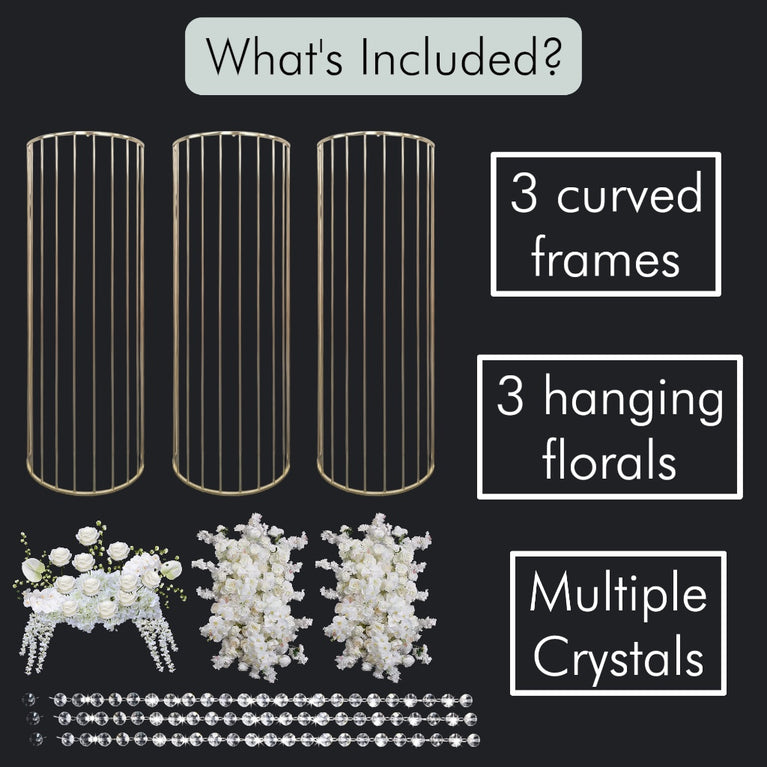 Set of 3 curved wedding backdrop frames, 3 hanging florals, and multiple crystals on a black background.