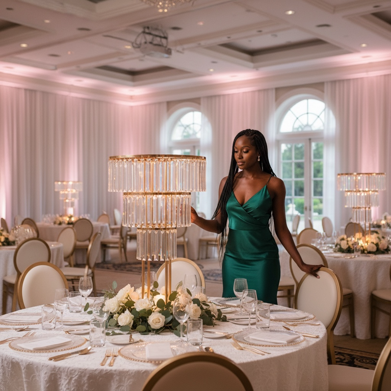 Woman in a green dress standing in a elegantly decorated banquet hall.