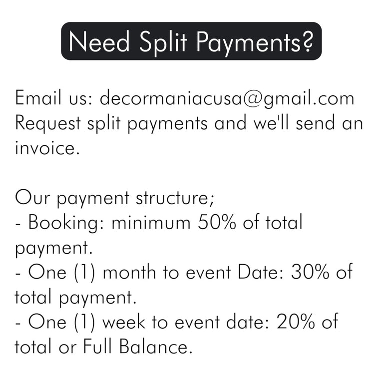 Text message about split payments with email contact and payment structure details.