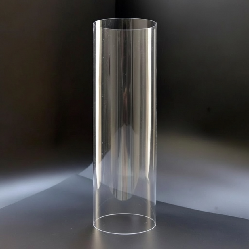 Clear cylindrical candle vase on a reflective surface with a dark background