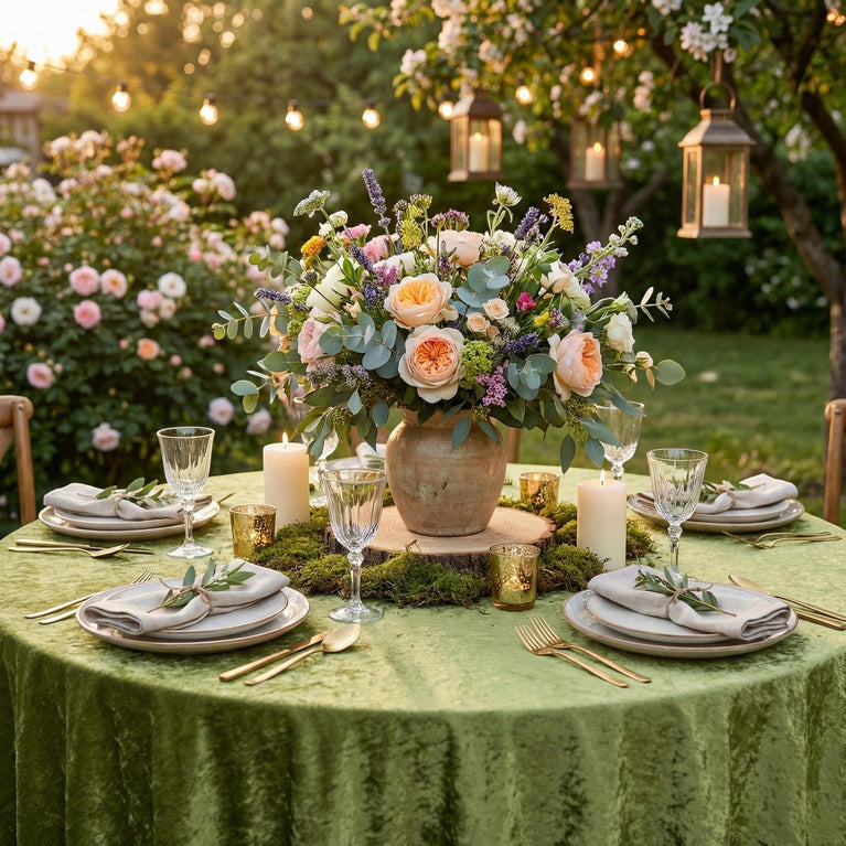 Decorated outdoor table with floral centerpiece, candles, and sage green velvet tablecloth in a garden setting.