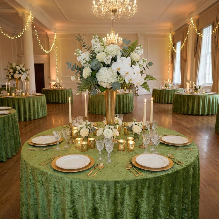 Decorated event space with sage green velvet tablecloths, floral centerpieces, and chandeliers.