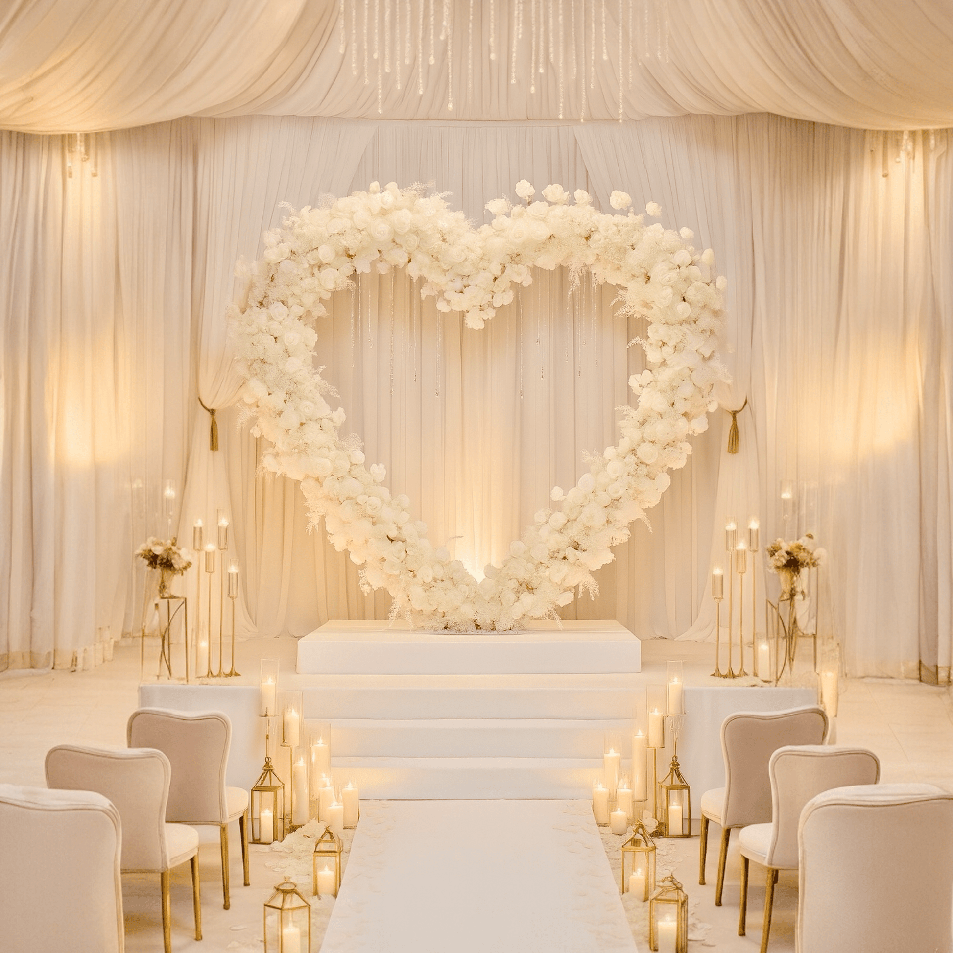 Heart Backdrop with White Floral Arrangement for Rent